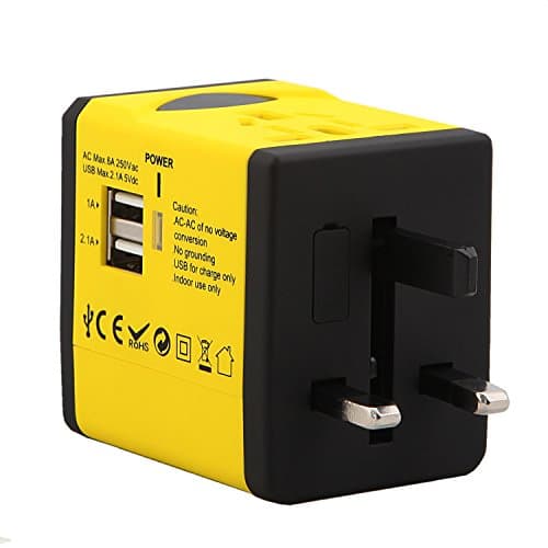 mobfun Worldwide Travel Adapter，World Adapter Plug with 2USB &amp; Convertible Plug Used in USA EU UK AUS Asia 150 Countries (Yellow)