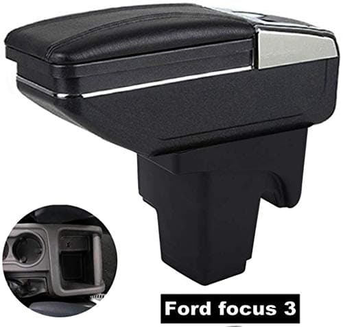 Two-ply Black Leather Armrest For Focus 3 Mk3 2011-2019 Center Console Storage Arm Rest - Black With Black Thread Rotatable Arm Rest Leather Pad & Cup Holder & Ashtray Black
