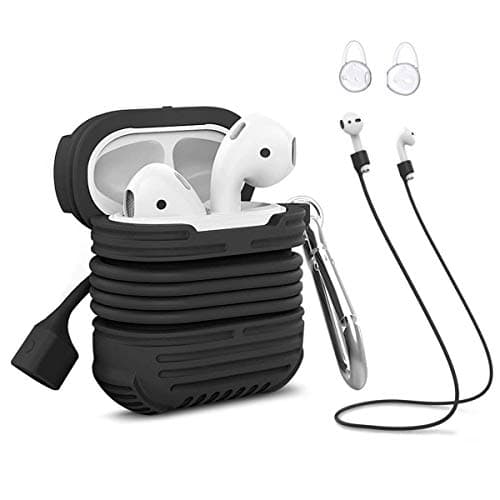 Airpods Case,Shockproof Silicone Protective Case Cover Charging Case with Anti-Lost Strap,Ear Hooks and Keychain for Apple Airpods (Black)