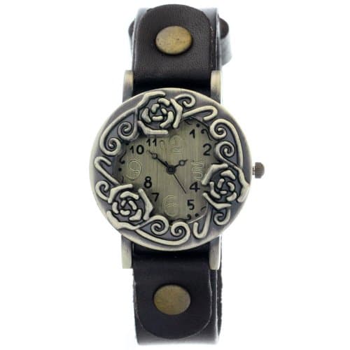 Retro Genuine Leather black Strap Heart-shaped Case Rose-shaped Relief Quartz Woman Watch