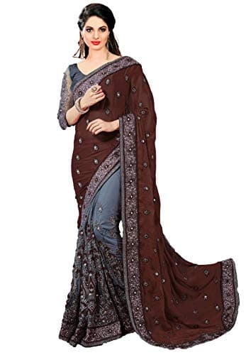 Panash Trends Women's Satin Net Embroidery Work Saree