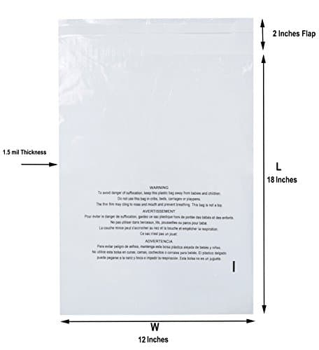 100 12x18 Self Seal Clear Poly Bags with Suffocation Warning and Anti-static Strip, Vent Holes, 1.5 Mil, Large