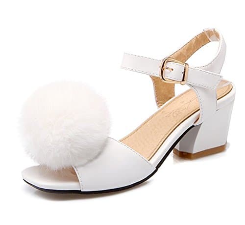 Sfnld Women's Sweet Pompon Square Toe Buckle Strap Medium Block Heels Sandals White 10.5 B(M) US