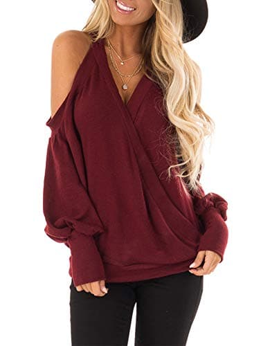 Women's Cold Shoulder Tops Long Sleeve Deep V-Neck Wrap Front Blouse Loose Pullover