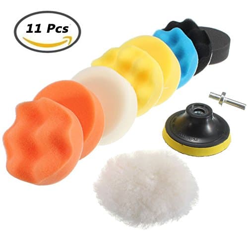 11pcs 3"/80mm Compound Buffing Sponge Pads Wax Polishing Buffing Pad for Auto Car Sanding, Buffing, Waxing, Sealing Glazing (9 Polishing Pads+1 Woolen Buffer+1 Thread Drill Adapter with Shank)