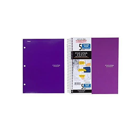 Five Star Spiral Notebook, 5 Subject, College Ruled, 200 Sheets, 11 x 8.5", Purple (38742) AND Five Star 4 Pocket Folder