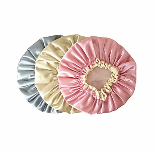 Waterproof Shower Cap Double Layer Bath Hair Cap Elastic Band Spa Shower Hat, Nylon Lined Lady Salon Hat (Pink Yellow Gray)