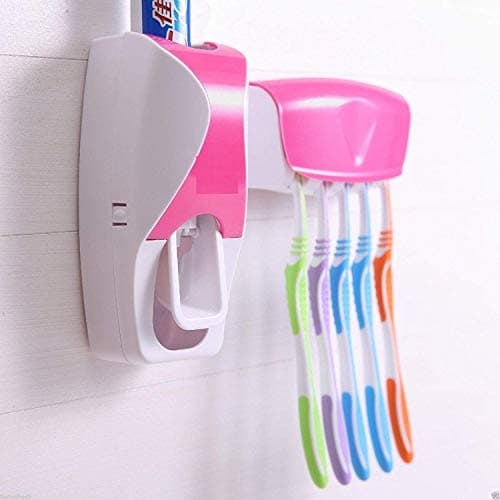 Looksgud Plastic Automatic Toothpaste Dispenser and 5 Toothbrush Holder Bathroom Accessories Set (Multicolour)