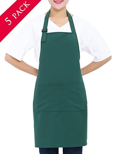 5 Set Christmas Green Professional Waterdrop Resistant Adjustable Extra Long Bib Apron 3 Pockets Home Kitchen Garden Restaurant Cafe Bar Pub Bakery for Cooking Chef Baker Servers Craft Unisex