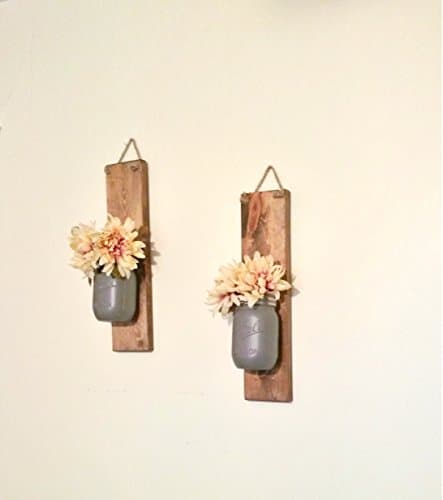 Set of 2 Mason Jar Hanging Wall Sconces Rustic Wall Decor Gray Painted Mason Jars