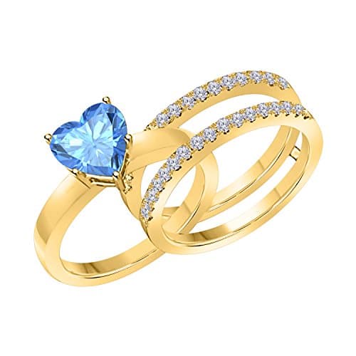 1.50 Ct Heart Shape Blue Topaz &amp; Simulated Diamond Enhancer Solitaire Engagement Ring 14k Yellow Gold Plated Guard Wrap Jacket