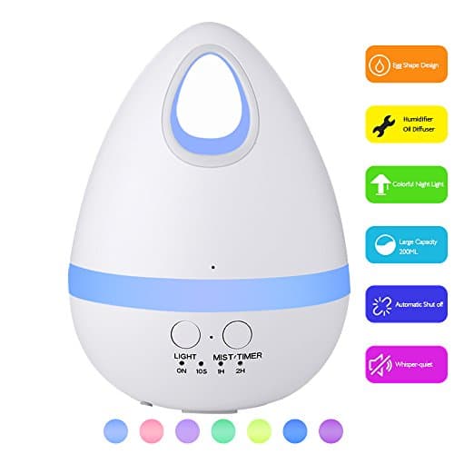 YCTA 200ml Ultrasonic Aroma Essential Oil Diffuser,Egg Shape Design Cool Mist Humidifier for Home Bedroom Kids Office Yoga Spa,7 Color Lights (White)
