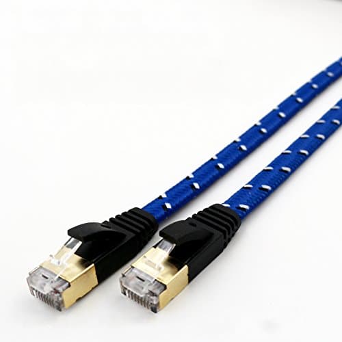 Cat-7, winneryu, 10 Gigabit 600MHz CAT7 Patch Cable for Modem Router LAN Network, Nylon Jacket Flat cable with Gold Plated & Shielded RJ45 Connectors - 5m/16.4ft (Blue)