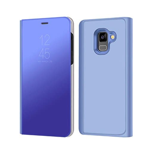 For Samsung Galaxy A8 Case Luxury Clear View Standing Mirror Flip PC Cover Shell with Smart Sleep/Wake Up Function for Women Men 2018, PC+PU Leather (Blue)