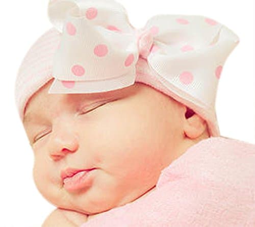 Pink and White Striped hat with Polka dot Bow