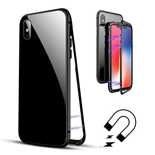 iPhone X Case Strong Magnetic Adsorption Technology Titanium Alloy Bumper Frame Tempered Glass Back Support Wireless Charging (Black)