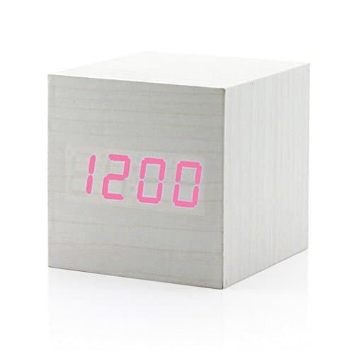 2.5 Inch Square Mini Travel Alarm Clock, Aibrou USB/Batteries Supply Power Simple Wooden Style Bedside Digital Alarm Clock Creative Sound-Sensitive Desk Alarm Clock with Thermometer Calendar White