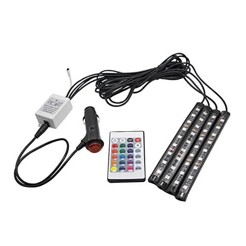 eVmo Car LED Strip Light - 4pcs 36 LED DC 12V Multicolor Music Car Interior Light LED Under Dash Lighting Kit with Sound Active Function and Wireless Remote Control, Car Charger Included CR01