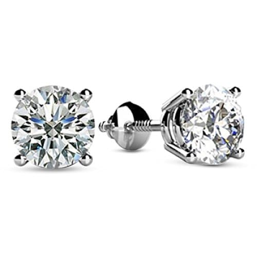 1 1/2 1.5 Carat Total Weight White Round Diamond Solitaire Stud Earrings Pair set in 14K White Gold 4 Prong Screw Back (H-I Color SI1-SI2 Clarity)
