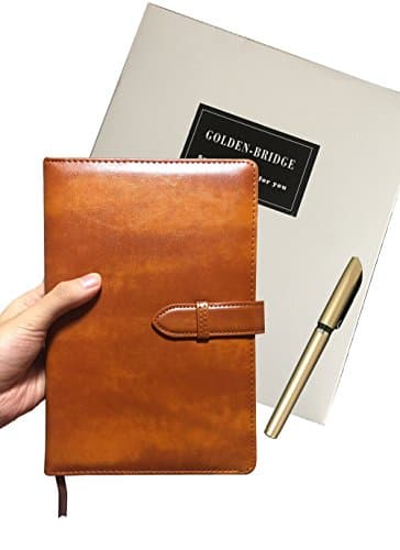 Golden Bridge Classic Business Leather Notebook (Journal,Diary,Memo) Medium A5 Size (8.7x5.8) Hardcover Beige Page,Color Brown,Gel Pen,Gift Box