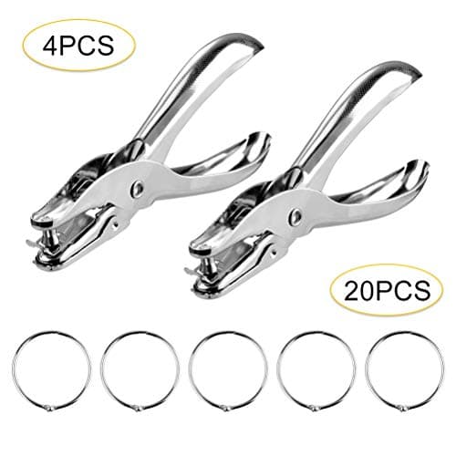 4 PCS Hand Hole Punchers, Cooyeah 1/4 Inch Single Hole Paper Puncher Ticket with 20 Pieces 1 Inch Loose Leaf Rings for School, Home and Office