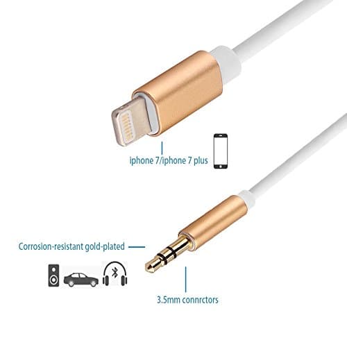 iPhone 7 Car Aux Cable 1M Lightning to 3.5mm Aux Cable Coursin 3.3ft Stereo Audio Gold Cord cable for iPhone 7 &amp; 7 Plus - Premium Headphone Adapter to Car Stereo (Gold)