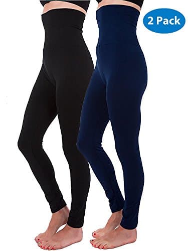 Kuda Moda 2-Pack High Waist Fleece Lined Tummy Control Full Length Legging Winter Compression Top Pants (S/M/L, Black/Navy)