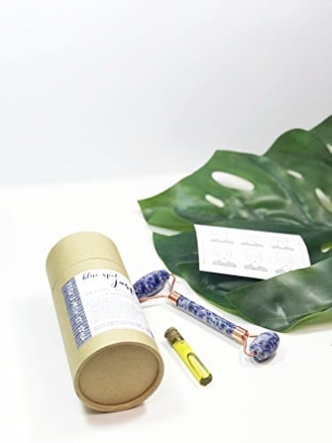 Premium Jade Facial Roller - New Version 100% Natural Jade Roller for Face Double Next Healing Slimming Massager Anti Aging Skin Tool (Blue Spot)