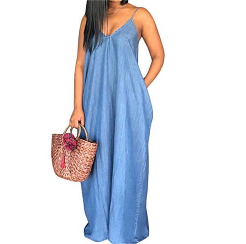 YYear Women's Spaghetti Strap V-Neck Denim Shift Evening Party Slip Maxi Dress Blue US M