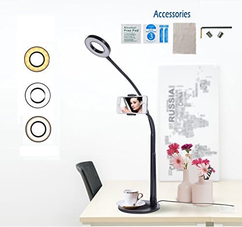 Cell Phone Holder with Selfie Ring Light Stand for Live Stream Makeup, Omaliss Flexible Mobile Phone Clip Lazy Bracket Desk/Bedside Lamp for iPhone/Samsung/LG and Common Smart Phone (black)