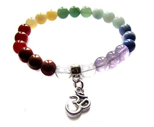 Chakras Balancing Energy Gemstone Beaded, Silver Tone Om Charm, Elastic Bracelet, 7 3/4"