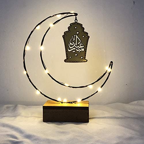 Rigel7 Wooden Artistic Eid Mubarak Party Serving Tableware Tray Display Wood Decoration Dessert Tray (New Moon Light（20x23.5x5.5cm ）)