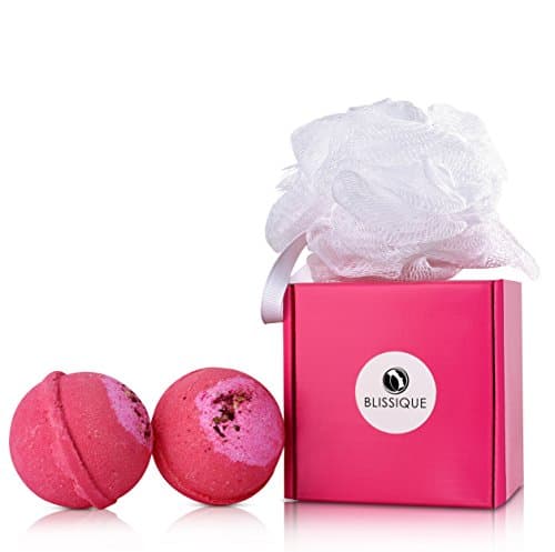 Bath Bombs Pink Glitter Gift Set - 2 Ultra Lush Spa Fizzies with Loofah - Organic Natural Essential Oil Shea Butter Handmade in USA