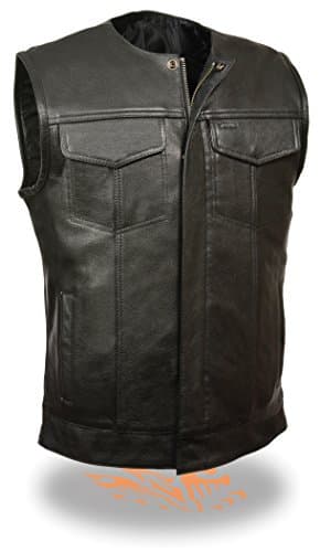 SOA Motorcycle Vest with Snap &amp; Zipper-Front Closure.Dual Concealed Gun Pockets (Medium, Collarless)
