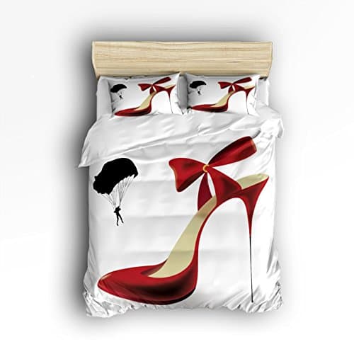 4 Pieces Bed Sheets Set, Sexy Red High Heel Design, Flat Sheet Duvet Cover and Pillow CasesKing Size