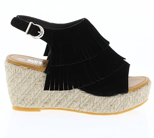 Wedge Fringe Sandals,Black,7 B(M) US
