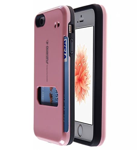 Guardful [Shockproof] Credit Card Case [Dual Layer] [Rugged Tough] Protective Hybrid Case with One Card Slot Wallet for iPhone 5 / 5S / 5SE (Light Pink)