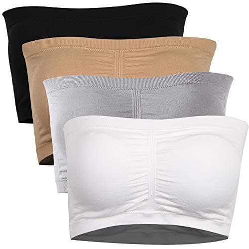 Women's Padded Bandeau Bra, Basic Wire-Free Seamless Cozy Strapless Bandeau Tube Top Bra 4 Pack