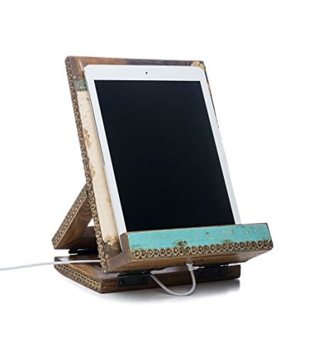 Handmade Solid Wood Cookbook & Tablet Stand Dock - Patina Finished Adjustable Reading Rest Holder/Cookbook Stand/Foldable Tablet Display Dock/Desk Bookrest with Charging Cable Routing