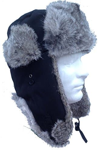 Black Nylon Real Silver Rabbit Fur Trooper Trapper Aviator Hat -XL