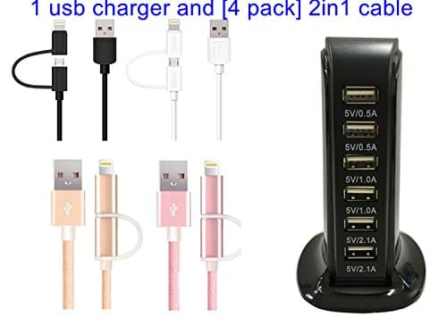 6-port USB 7.2A 36W AC SMART Fast Desk Charger Wall Charger Family Charging Station.USB Charger with Auto Detect Technology.With 2-in-1 USB Cable [4 Pack 1ft](6 port Black set)
