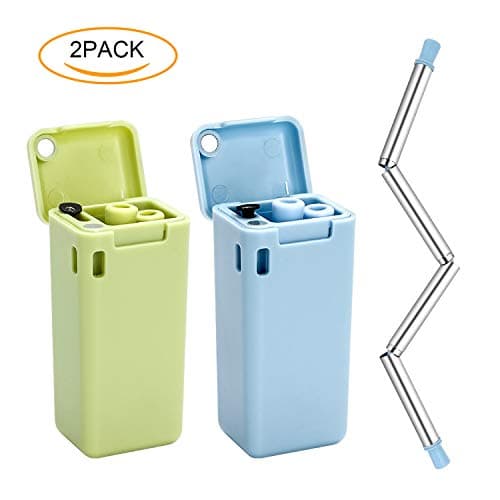 2 Pack Collapsible Reusable Straw, Stainless Steel Drinking Straws with Hard Case and Cleaning Brush for Party Travel Outdoor (Blue&Green)