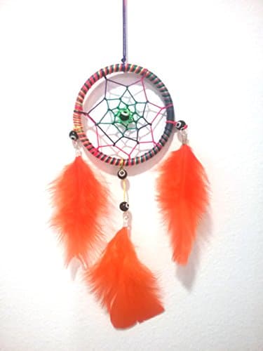 Dream Catcher Handmade Orange 3.1" Diameter, 8.7" Long, Traditional Native American Folk Art Charm