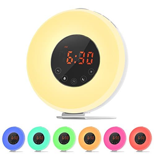 Ifecco Wake-up Light Alarm Clock with Sunrise and Simulation, LED Moon Night Plus 7 Color Changing Support FM Radio Alarm, Touch Control