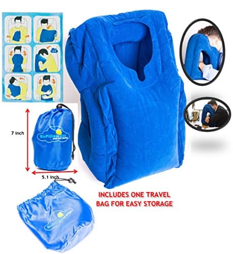 Soft inflatable travel pillow supporting your neck which helps sleeping easier BONUS comes with lightweight carrying bag to take on airplane car office for adults and kids | Perfect christmas gift