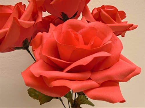 Phoenix Silk 2 Bushes Open Rose 5 Artificial Silk Flowers 14" Bouquet 1171 CORAL