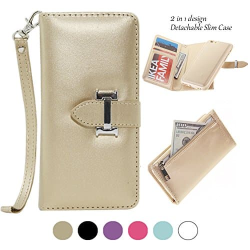 iPhone 6/6S Wallet Case with Magnetic Detachable Slim Case and Back Zipper Pocket for Changes&amp;Removable Wristlet, Made with Premium Faux Leather in Gold-By Weforever