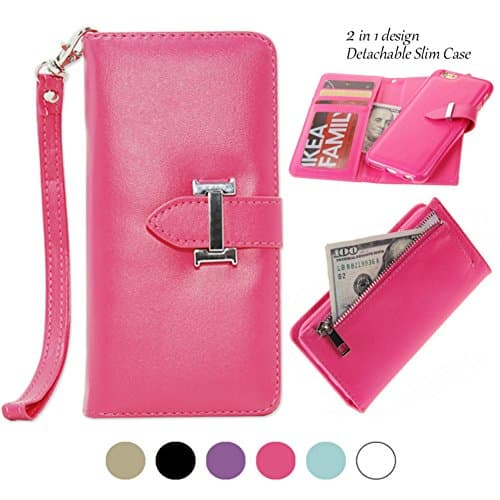 iPhone 6/6S Plus Wallet Case with Magnetic Detachable Slim Case and Back Zipper Pocket for Changes&Removable Wristlet, Made with Premium Faux Leather in Deep Pink-By Weforever