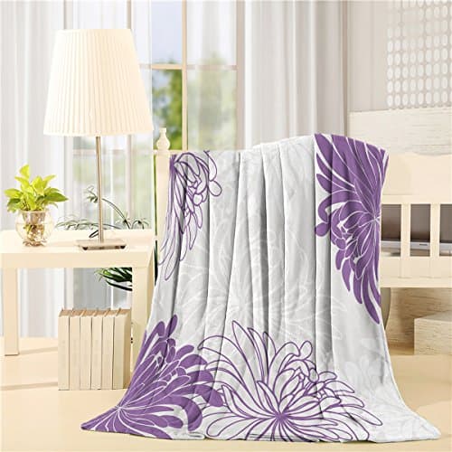 Bed Blanket 59 X 79 inch Dahlia Flower pattern white grey purple Comfort soft Air Conditioning Throw Blanket for Bedroom Living Rooms Sofa,oversized Travel Throw Cover