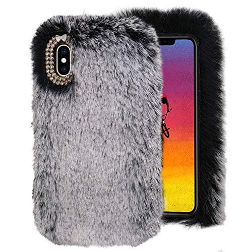 Wihoo Case for iPhone XS Max,Luxury Crystal Bling Case FLuffy Artificla fur Cover [Supports WIreless Charging] for 6.5 inch iPhone Xs Max,Gray